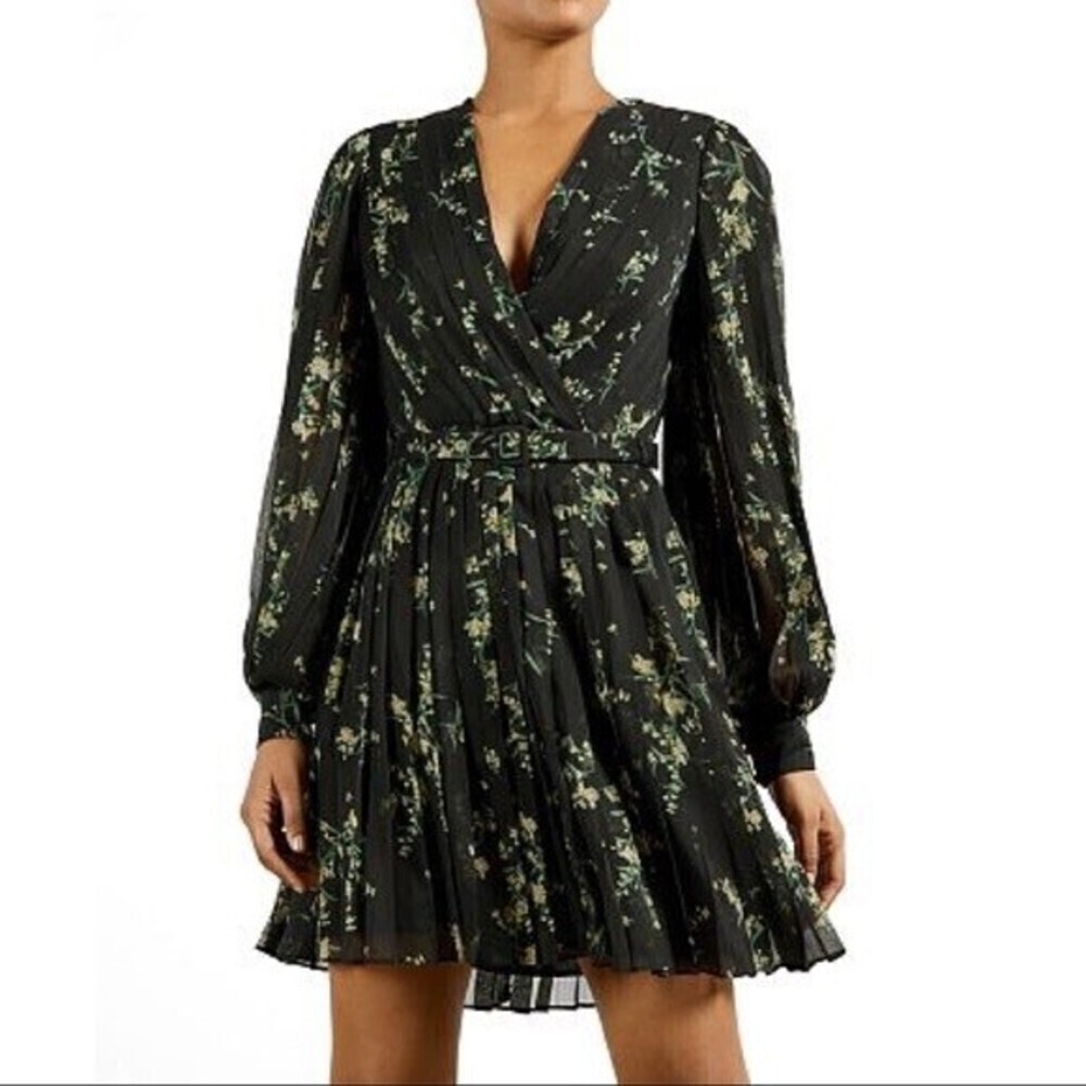 ted baker papyrus floral pleated long sleeve mini dress